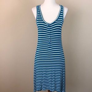 Caslon Teal and White Striped Button Tank Dress with Hi-Lo Hem - Size Small